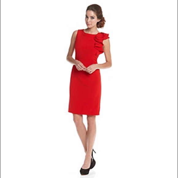 Red Calvin Klein Ruffle Dress - Picture 2 of 6